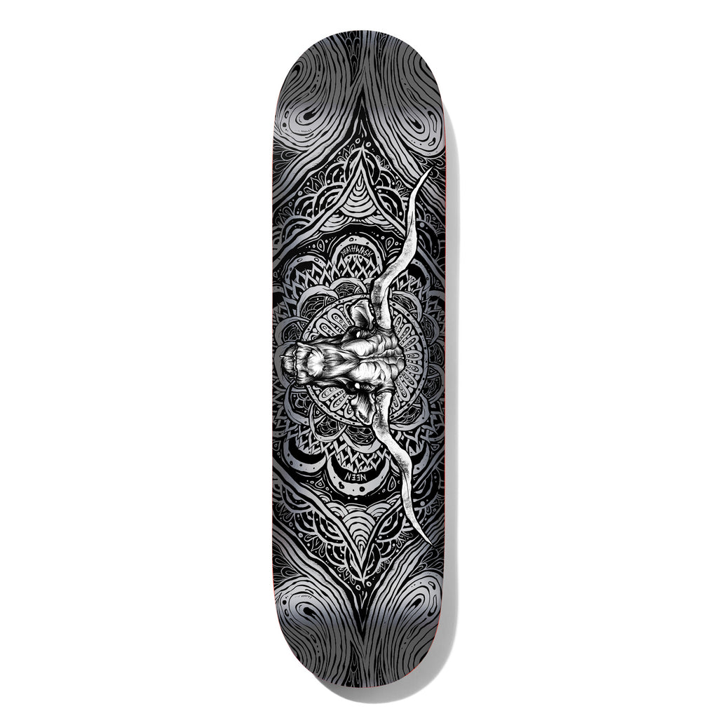 Deathwish Neen The Beast Within 8.25 skateboard deck: Detailed silver and black illustration of a longhorn bull skull with long horns at the centre of an ornate mandala of swirling patterns, with small Neen lettering.