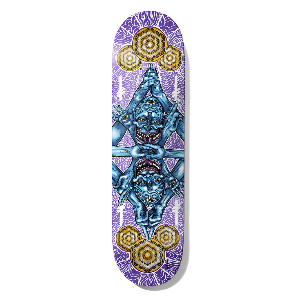 Deathwish Neen The Kreator 2 Twin 8.25 skateboard deck: Symmetrical mirrored design of a blue multi-armed, three-eyed demon face with hands pressed together, repeated upside down, on a purple lotus-petal pattern. Gold geometric hexagon mandalas sit at both ends.