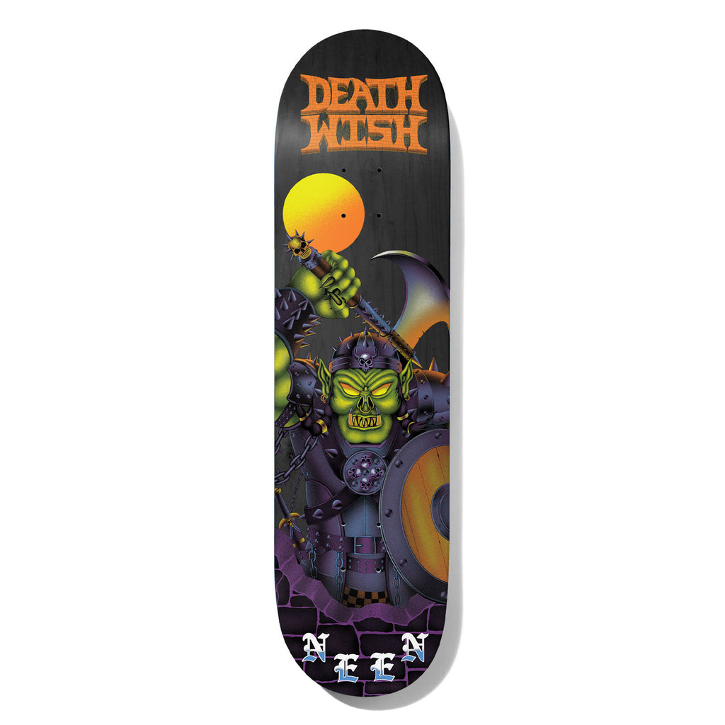Deathwish Neen War Masters 8.125 skateboard deck: A green-skinned, spiked-armour orc warrior with glowing eyes raises a skull-topped mace and carries a round shield and axe, in front of a yellow moon and purple brick wall. The Deathwish logo is in orange at the top and Neen in gothic letters at the base.