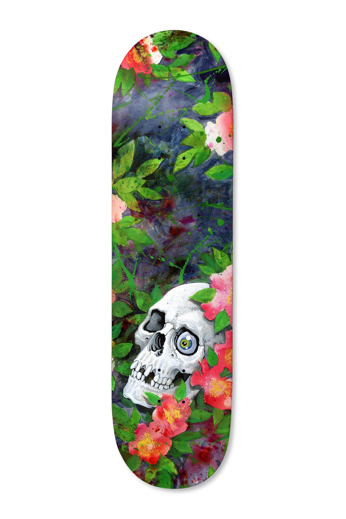 Deathwish Neen We Fell Into It 8.5 skateboard deck: Painted skull with one oversized blue eye peeking out from dense green leaves and pink and red wild roses, over a dark purple-blue watercolour background. Full-bleed graphic.