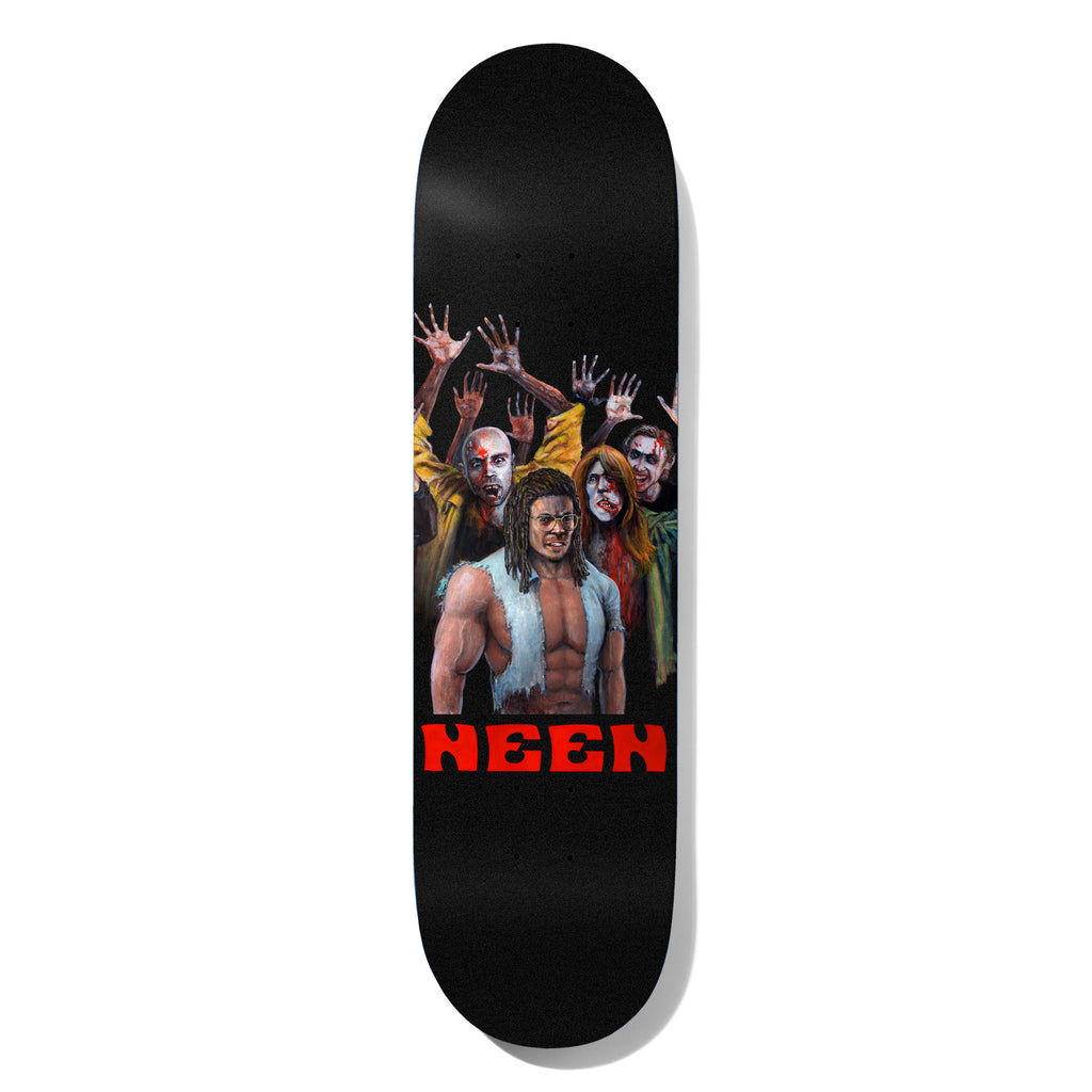 Deathwish Neen Zombie Twin 8.25 skateboard deck: Painted scene of a muscular, shirt-open man with dreadlocks and an eye patch standing before a group of bloodied zombies with raised arms, over a black background. Red NEEN lettering below.