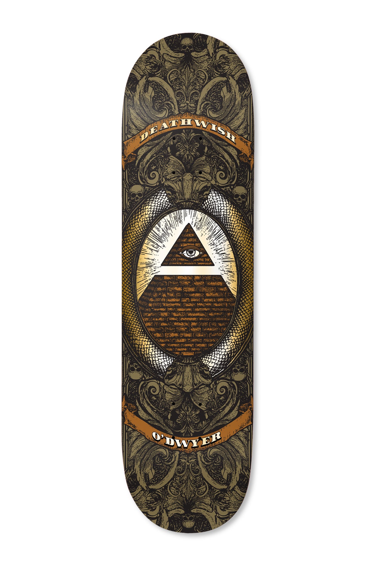 Deathwish ODwyer All Seeing 8.5 skateboard deck: All-seeing eye in a pyramid inside an oval framed by a coiled serpent, surrounded by ornate baroque foliage and skulls in olive and gold on black. Orange banners carry the brand and rider names.