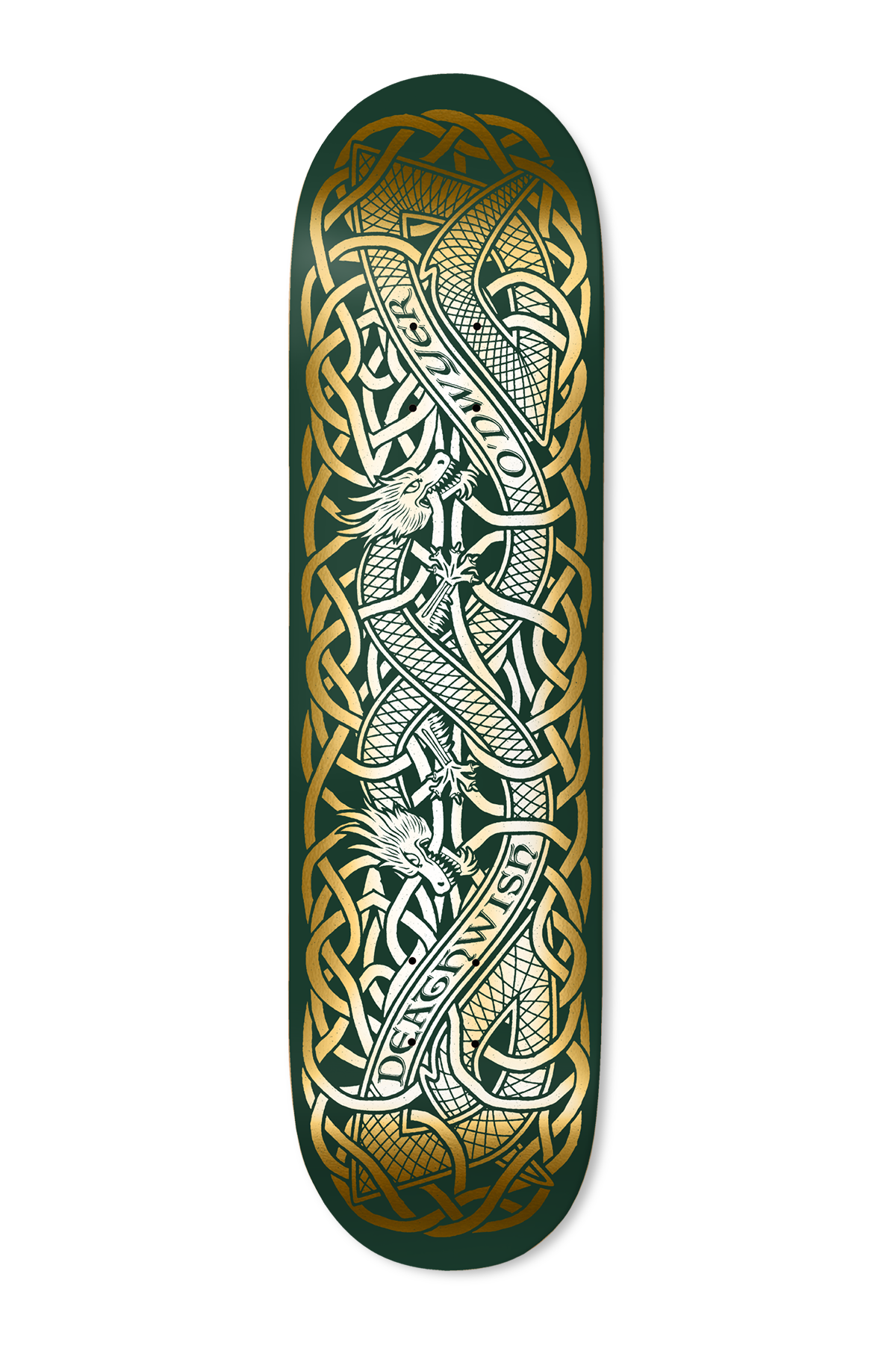 Deathwish ODwyer Duality 8.5 skateboard deck: Dark green deck with gold foil Celtic knotwork, in which two intertwined serpent-dragons carry banners with the brand name in white. Dense interlaced border all around.