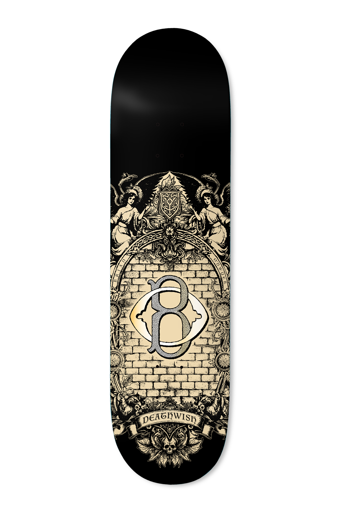Deathwish ODwyer Heritage 8.125 skateboard deck: Cream and black engraving-style crest on a black deck: a large ornate letter B over a brick arch, flanked by two angels and topped with a shield, with a skull at the foot. Brand name on a scroll banner.