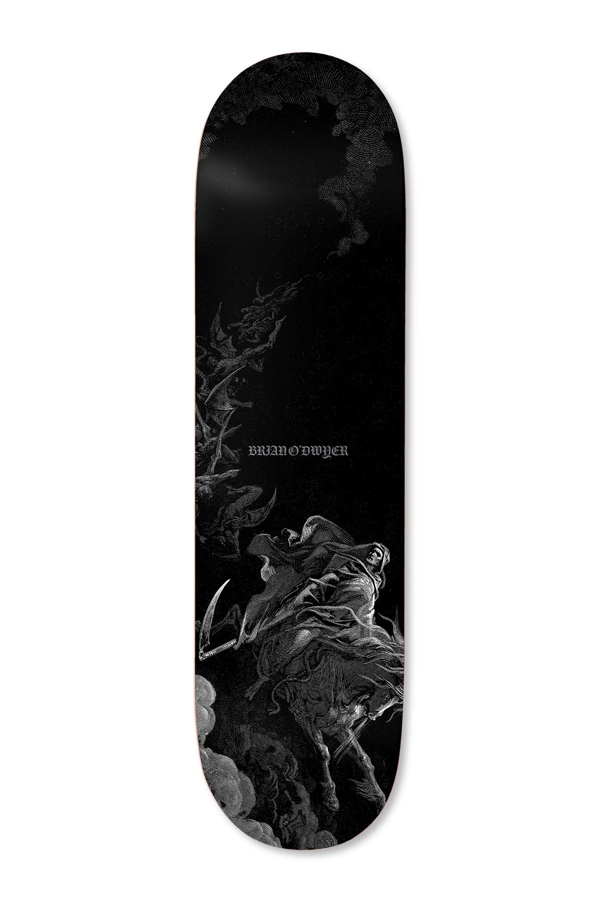 Deathwish ODwyer Lineage 8.25 skateboard deck: Dark engraving-style scene of a hooded Death figure with a scythe on a rearing horse, with smoke and a swarm of figures rising behind, in monochrome black and grey. Brian O'Dwyer is printed in small gothic lettering.