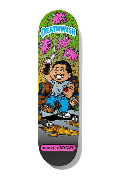 Deathwish ODwyer Low Life Kids 8.3875 skateboard deck: Garbage-pail-kids style cartoon of a grinning boy raising a foaming beer glass and holding a bottle among barrels and spilled cans, with winged pink elephants flying overhead on a green background. Pink name plate at the bottom.