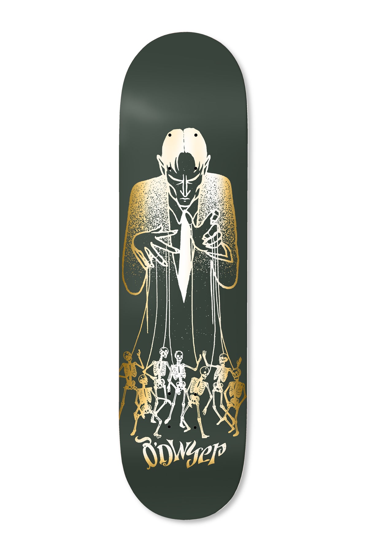 Deathwish ODwyer Puppet Master 8.0 skateboard deck: Gold and white illustration of a tall pale puppeteer in a suit controlling a group of dancing skeletons on strings, on a dark green deck. Rider name in gold script at the tail.