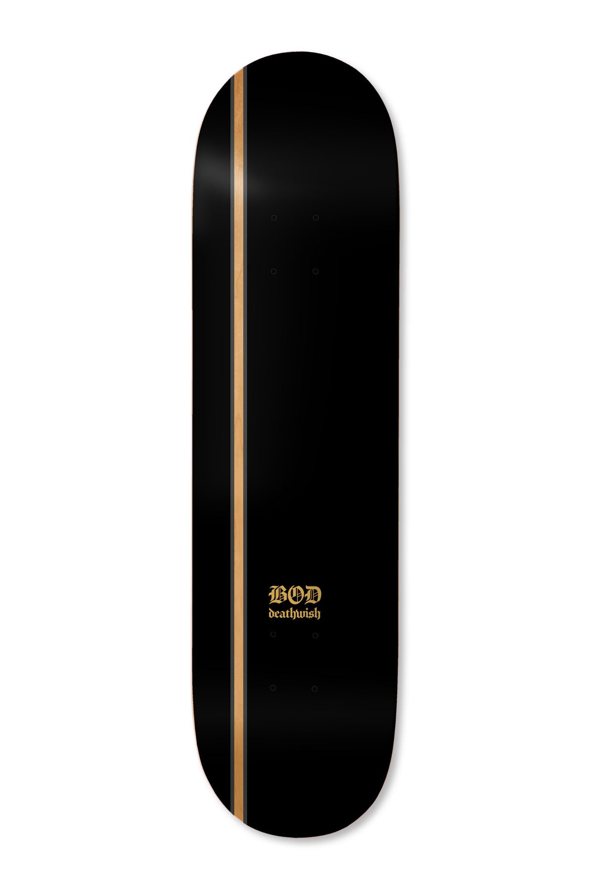 Deathwish ODwyer Reckoning 8.3875 skateboard deck: Plain black deck with a single thin natural wood stripe running down its length and a small gold gothic BOD deathwish logo near the tail.