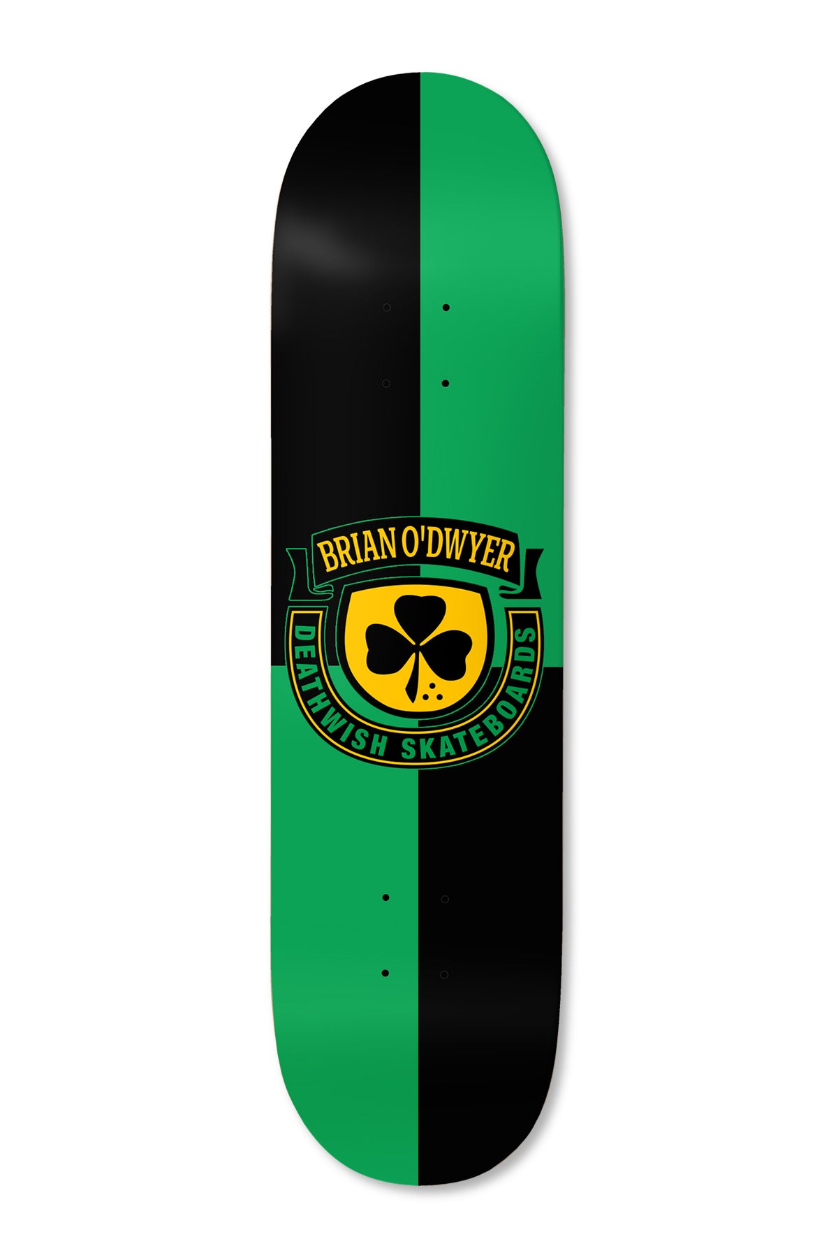 Deathwish ODwyer Shenanigans 8.25 skateboard deck: Shield crest with a gold shamrock on a yellow badge, with a ribbon banner carrying the rider and brand names, over a deck split into black and green quarters.