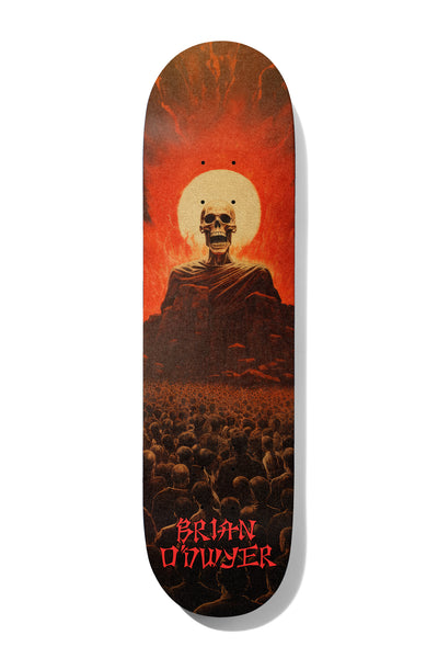 Deathwish ODwyer Skull 8.475 skateboard deck: A robed skeleton sits like a monk on a rocky mound in front of a pale sun, overlooking a vast crowd seen from behind, under a fiery red sky. Red brush-style lettering of the rider's name is at the tail.