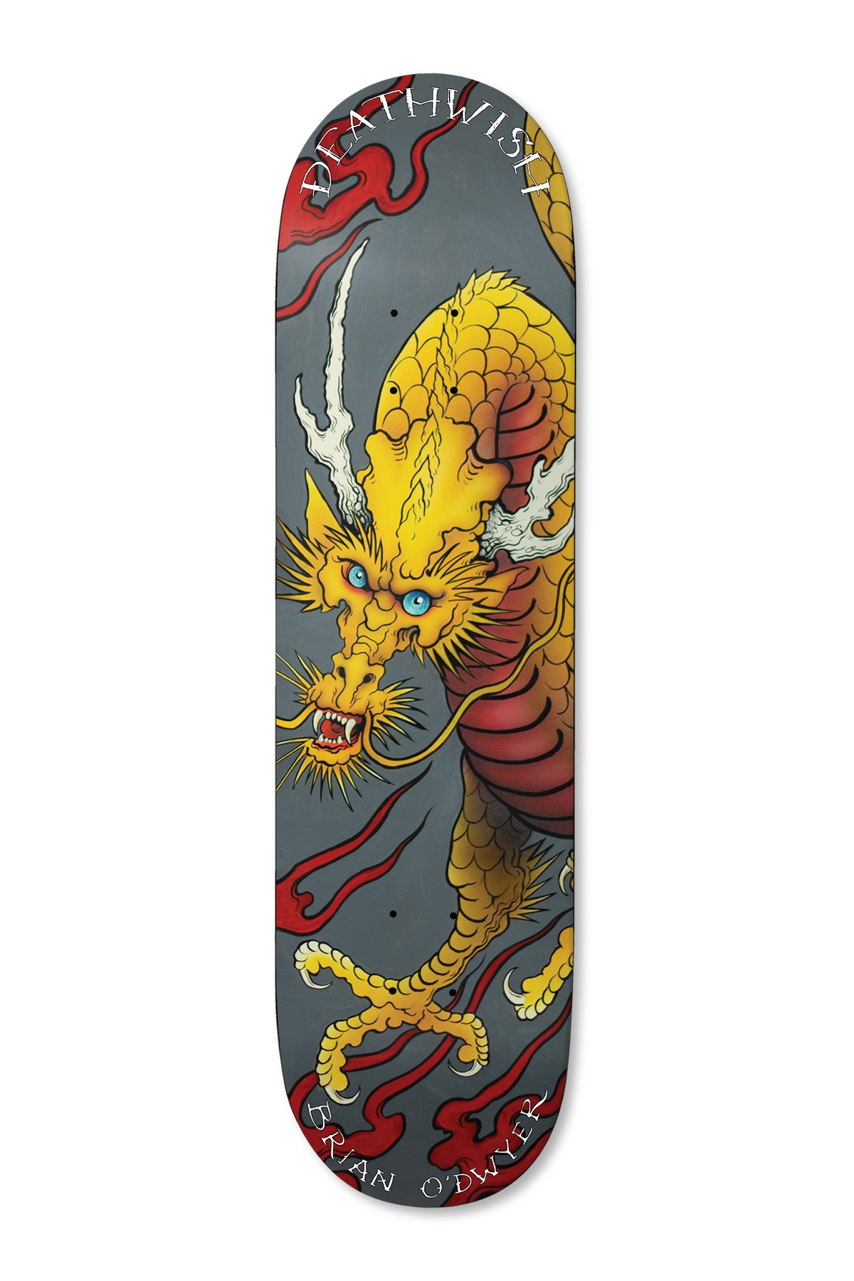 Deathwish ODwyer Spirit Animal 8.0 skateboard deck: Traditional Japanese-style yellow dragon with blue eyes, claws and red body scales, curling through red clouds on a grey deck. Brand name curved at the top and rider name at the bottom.
