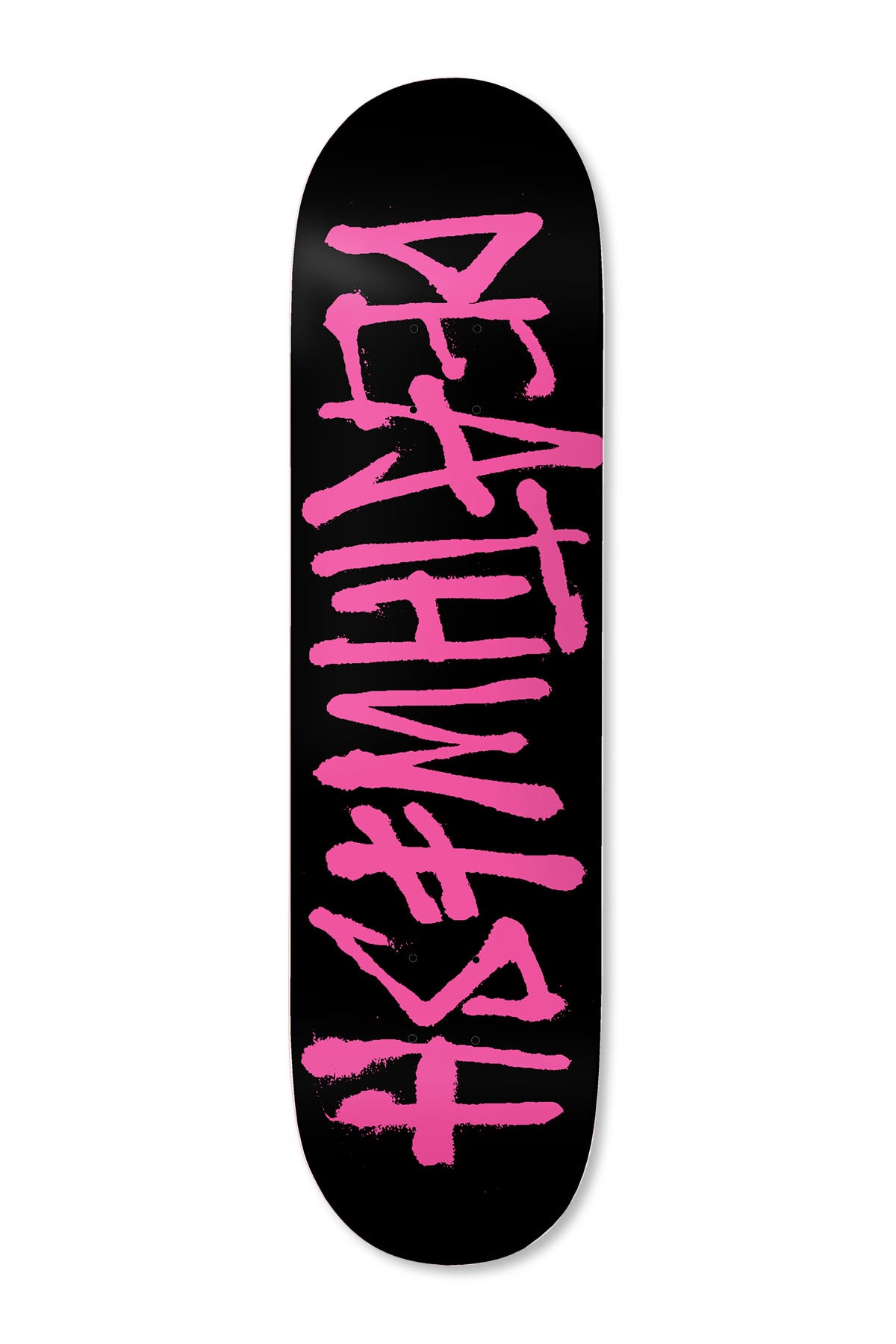 Deathwish OG Deathspray Blk/Pink 8.75 skateboard deck: Black deck with the DEATHWISH logo in rough pink brush lettering stacked down the length of the board, with an inverted cross forming the final letter.