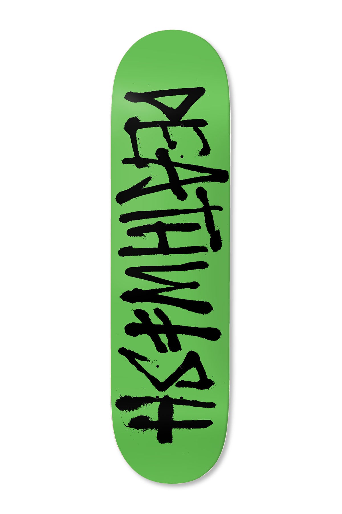 Deathwish OG Deathspray Grn/Blk 8.475 skateboard deck: Plain bright green deck with the Deathwish name in large black hand-painted brush lettering, stacked vertically down the centre with drips and uneven strokes.