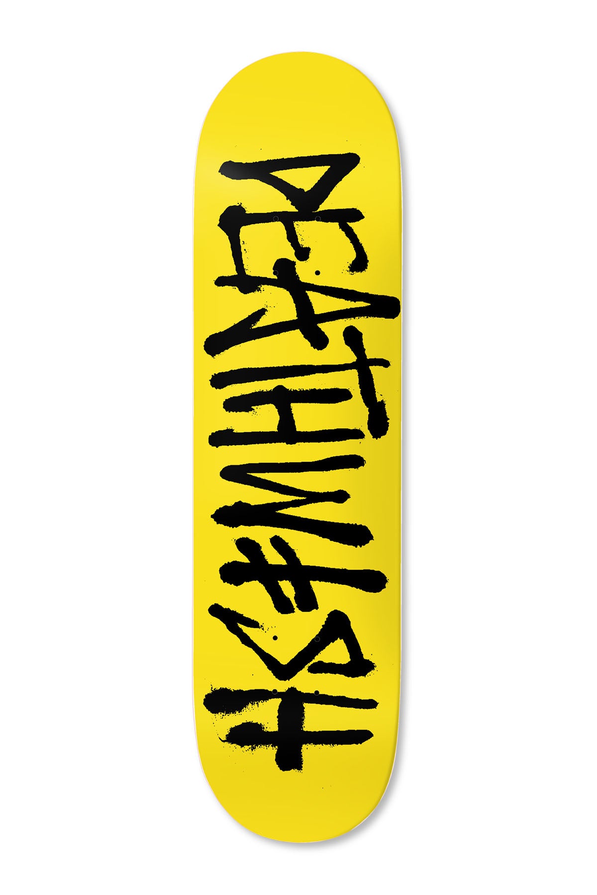 Deathwish OG Deathspray Ylw/Blk 8.0 skateboard deck: Plain bright yellow deck with the Deathwish name in large black hand-painted brush lettering, stacked vertically down the centre with drips and uneven strokes.