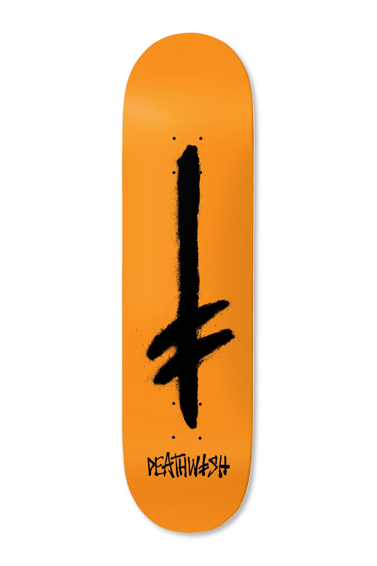 Deathwish OG Gangspray Org/Blk 8.125 skateboard deck: Large black spray-painted Deathwish sword-and-cross logo running down the centre of a solid orange deck, with the brand name in black graffiti lettering at the bottom.