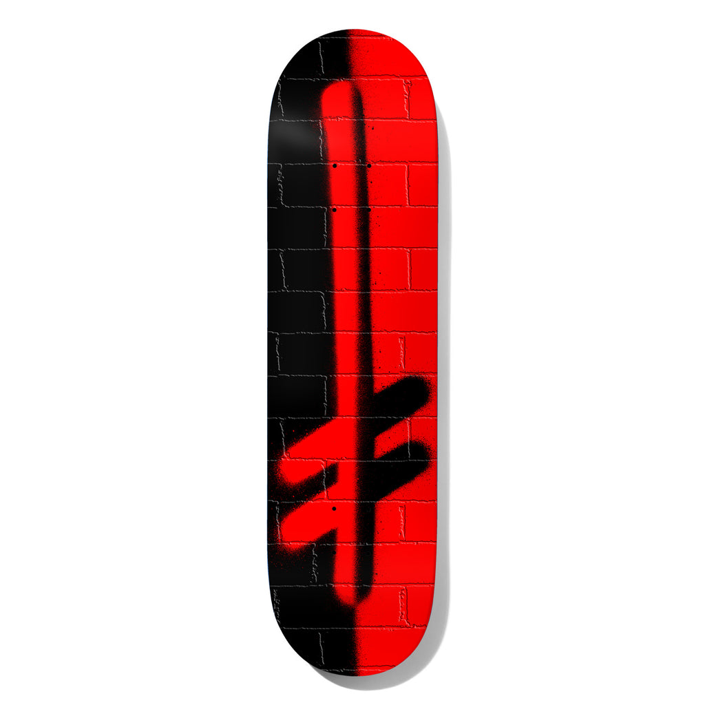 Deathwish OG Logo Split Bricks 8.0 skateboard deck: A sprayed Deathwish sword-cross logo over a brick wall, with the deck split down the middle into black on the left and red on the right, the logo colours inverted on each side.