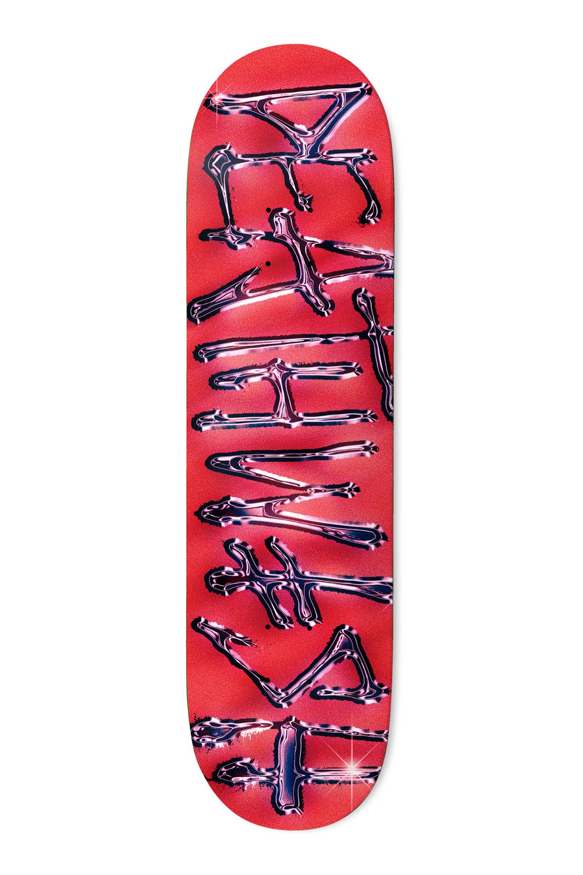 Deathwish OG Spray Chrome RED 8.38 skateboard deck: Deathwish name in large vertical brush lettering rendered as shiny airbrushed chrome with sparkle highlights, on a red-pink sprayed background.