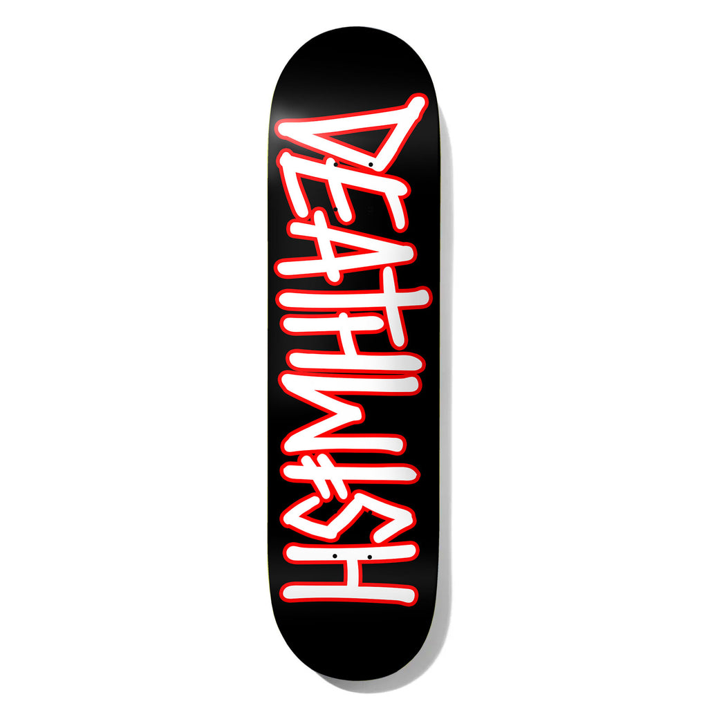 Deathwish Outline Black/White 8.75 skateboard deck: Large hand-drawn DEATHWISH logo running the length of the deck in white lettering with a red outline on a solid black ground.