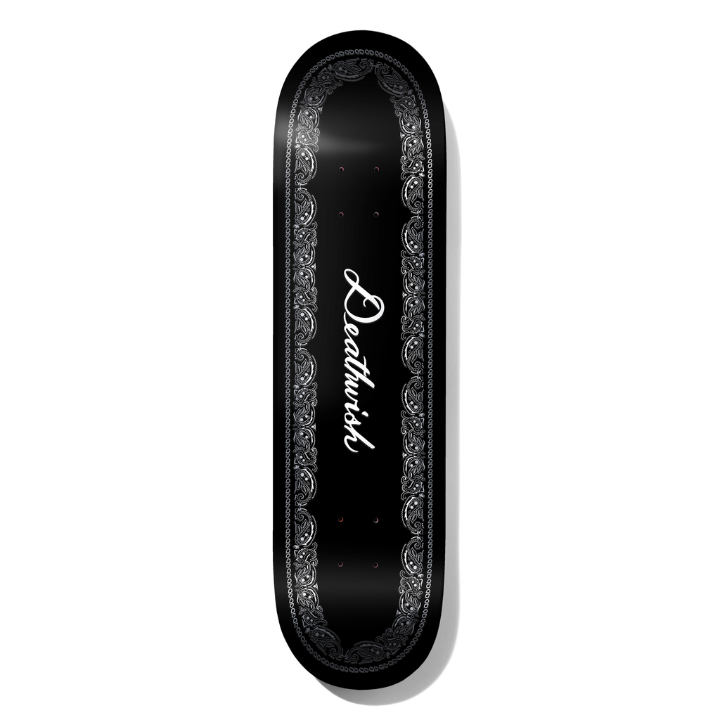 Deathwish Paisley Script 8.5 skateboard deck: Black deck with the Deathwish name in white script lettering at the centre, surrounded by a grey bandana-style paisley border following the outline of the deck.