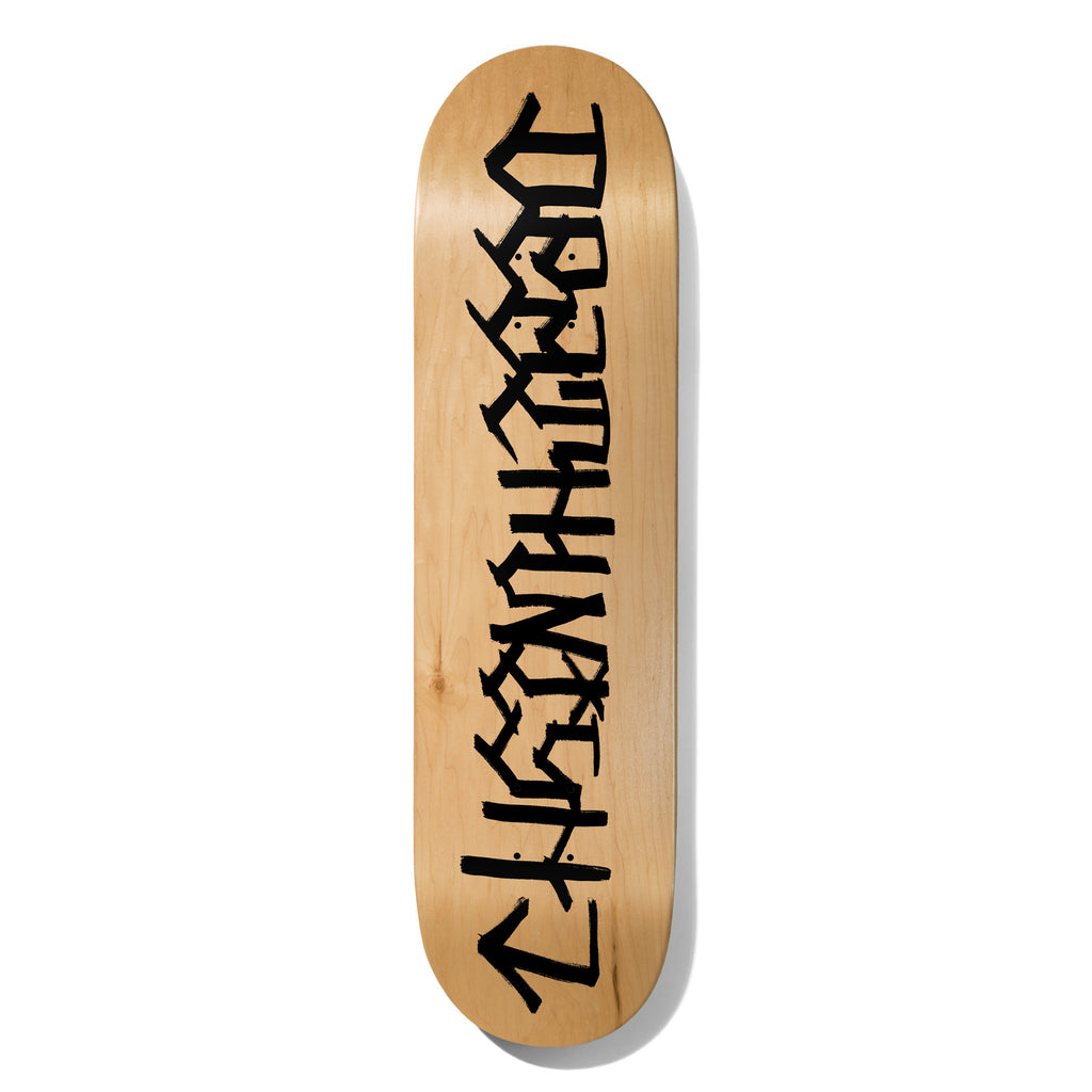 Deathwish Pandilla 8.25 skateboard deck: The Deathwish name in black spiky gothic brush lettering, running up a natural wood deck and reading in mirrored fashion at the tail.