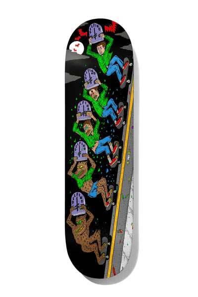 Deathwish Pedro 423 8.475 skateboard deck: Cartoon sequence running down the board of a skater carrying a tombstone-shaped deck and gradually turning from a man in a green shirt into a brown werewolf, beside a yellow-lined road. Bats and a moon sit at the top.