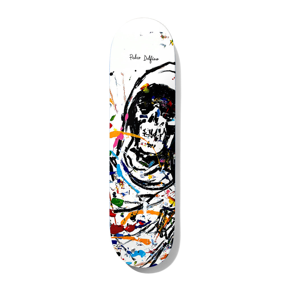 Deathwish Pedro Always Go 8.25 skateboard deck: White deck with a rough black brush drawing of a hooded skull figure, surrounded by splatters and streaks of multicoloured paint. The rider's signature in script sits near the top.