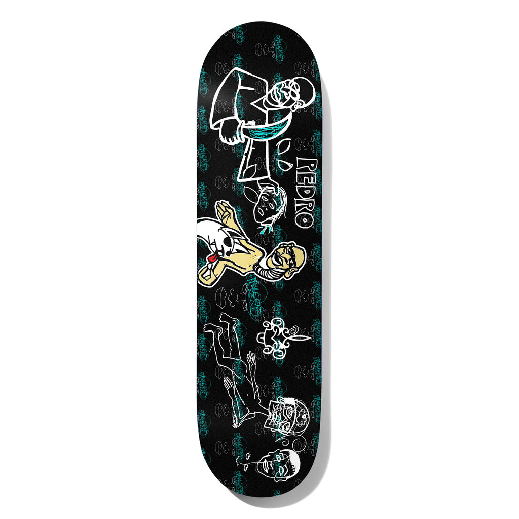 Deathwish Pedro Chop Chop 8.5 skateboard deck: Loose white line drawings of several cartoon men and a figure lying down, with one in yellow holding a skull, over a black deck patterned with faint teal logos. The word Redro is lettered beside them.