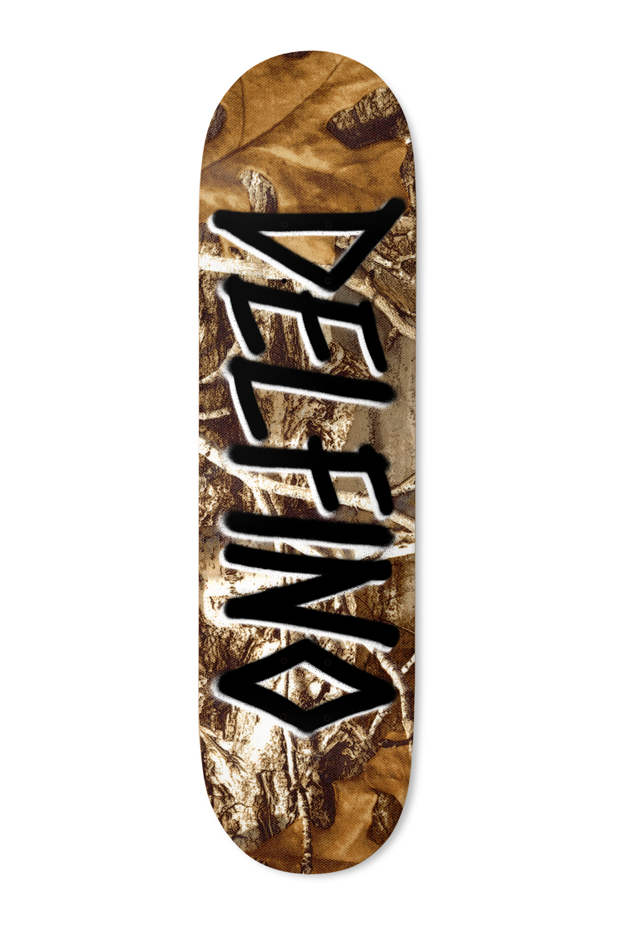 Deathwish Pedro Commando 8.25 skateboard deck: Brown woodland camouflage photo print covers the deck, with a large black spray-painted style Delfino name in angular lettering running down the middle, ending in a diamond shape.