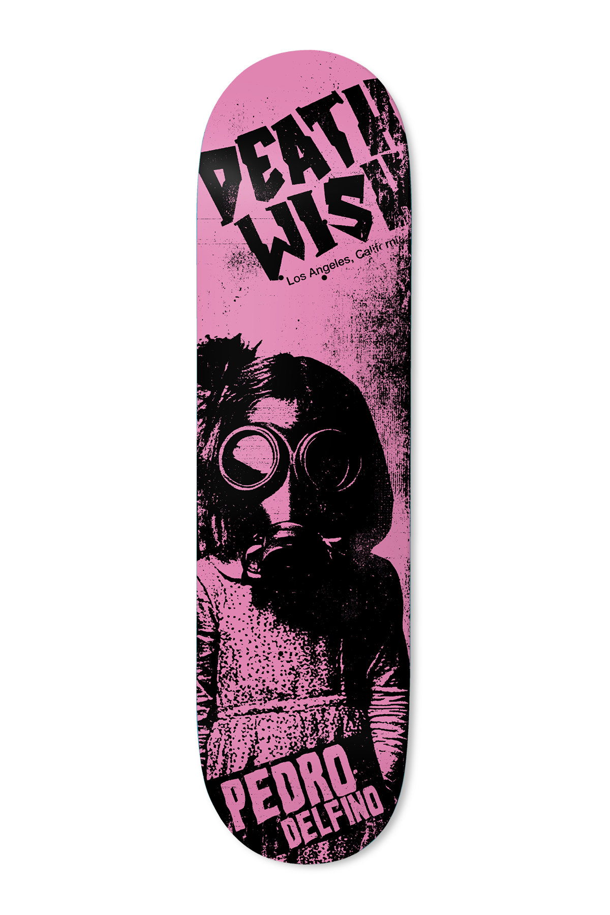 Deathwish Pedro Creeping Death 8.475 skateboard deck: A grainy black photocopy-style image of a child in a dress wearing a gas mask, on pink, under large cropped Deathwish lettering with Los Angeles, California. Rider name in black at the tail.