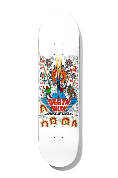 Deathwish Pedro Deathwitch Trials 8.38 skateboard deck: A colourful comic-style scene on a white deck: three adventurers with spears stand on a blue ship-like prow before an erupting spire amid explosions and bursts. A 'Death Wish' logo is set in the prow, with Delfino below and four small explosions at the tail.