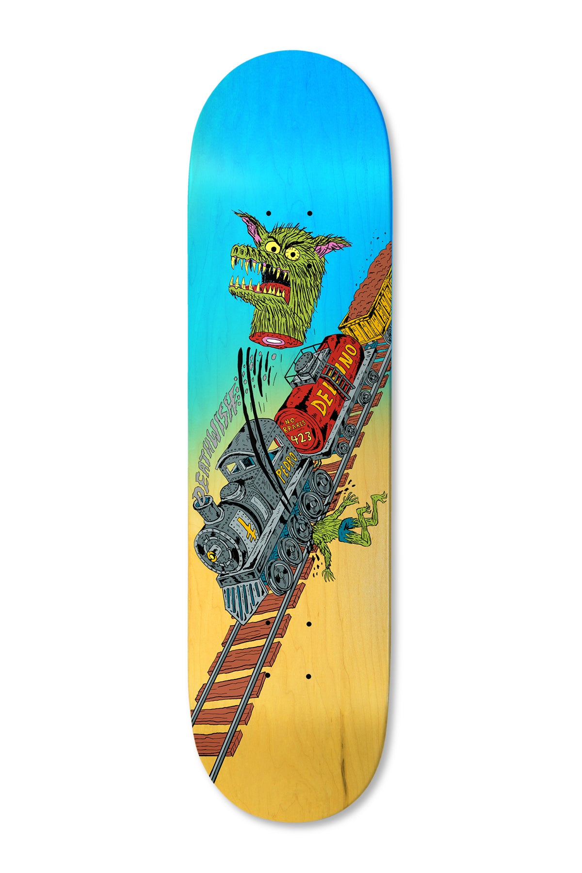 Deathwish Pedro Full Heat 8.38 skateboard deck: A cartoon steam train derails down diagonal tracks, its red tender marked Delfino, while a severed green werewolf head flies off and a small green figure tumbles beneath. Blue to yellow faded background.