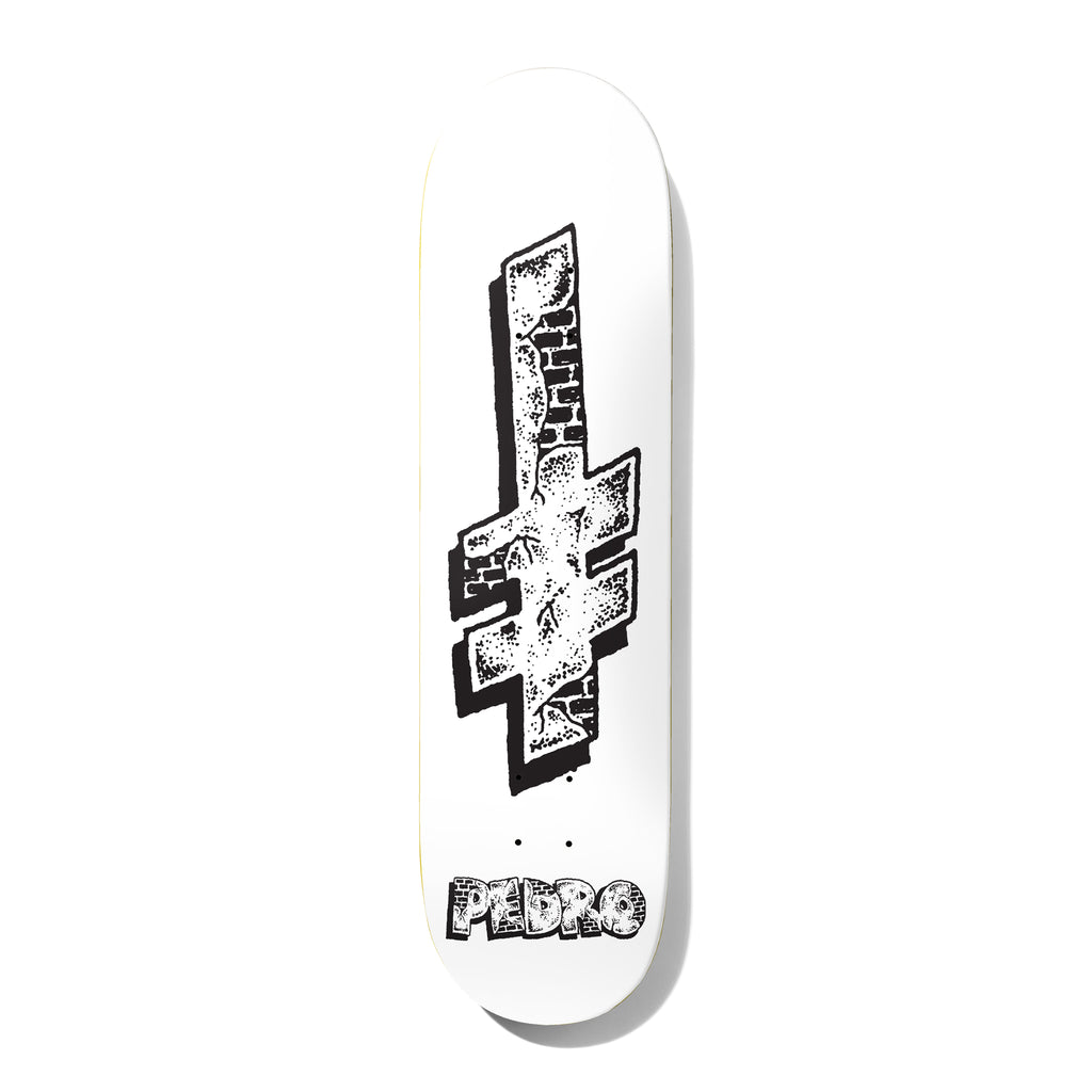 Deathwish Pedro Incarcerate 8.125 skateboard deck: Black and white stippled logo of an inverted cross-like shape built from brick walls, with a shadow edge, above the rider's first name in brick-textured letters on a white deck.
