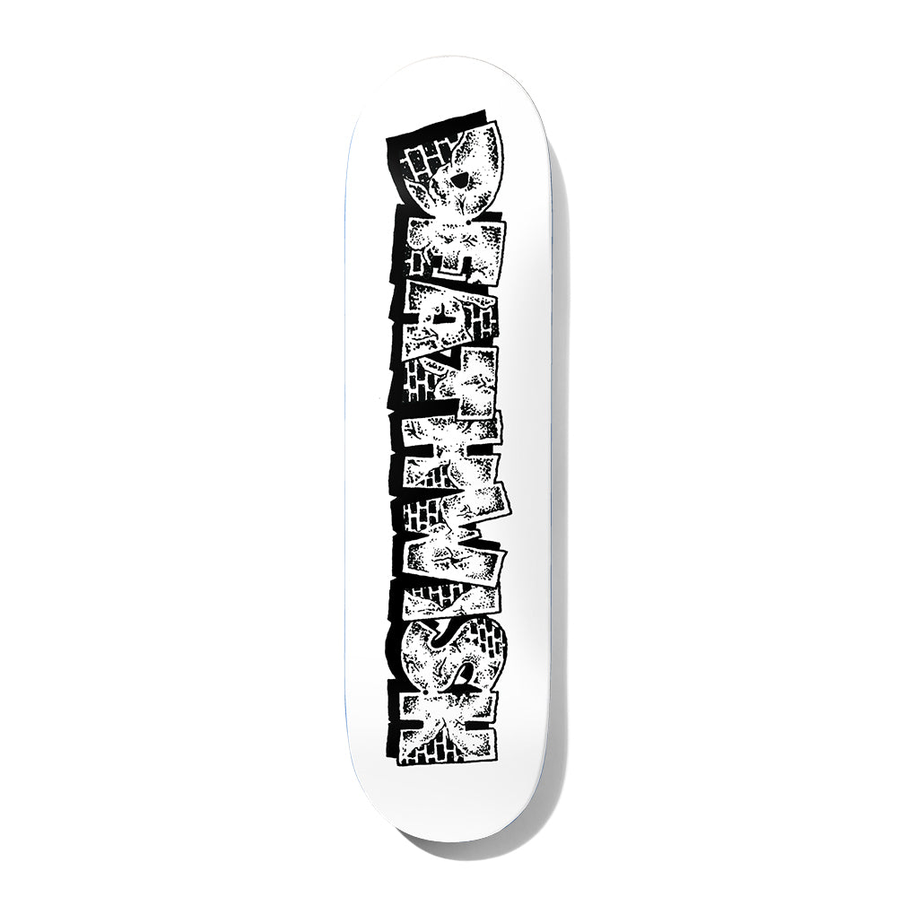 Deathwish Pedro Incarceration 8.0 skateboard deck: White deck with large black-and-white Deathwish lettering stacked vertically, textured like stone or skin with bricks showing in a black shadow behind the letters.