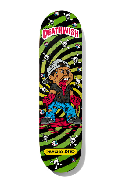 Deathwish Pedro Low Life Kids 8.5 skateboard deck: Cartoon sweating kid in a grey cap vomiting blood, in the style of trading-card gross-out characters, over a green and black swirl with skulls and eyeballs. Deathwish dripping logo at the top and name plate below.
