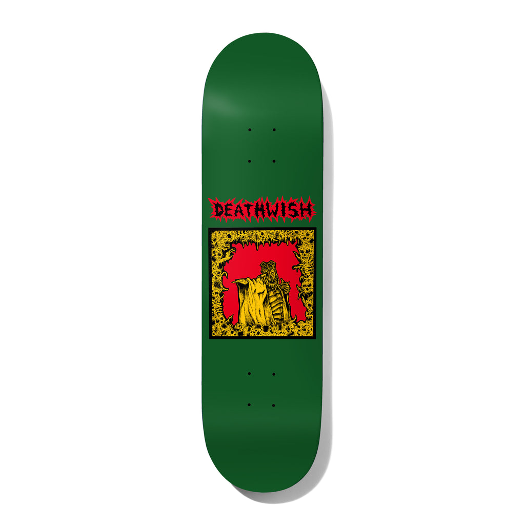 Deathwish Pedro Mind Wars 8.25 skateboard deck: Yellow horned, robed skeletal figure on a red square, framed by a border of yellow skulls and bones, with a red spiky Deathwish logo above, on a green deck.