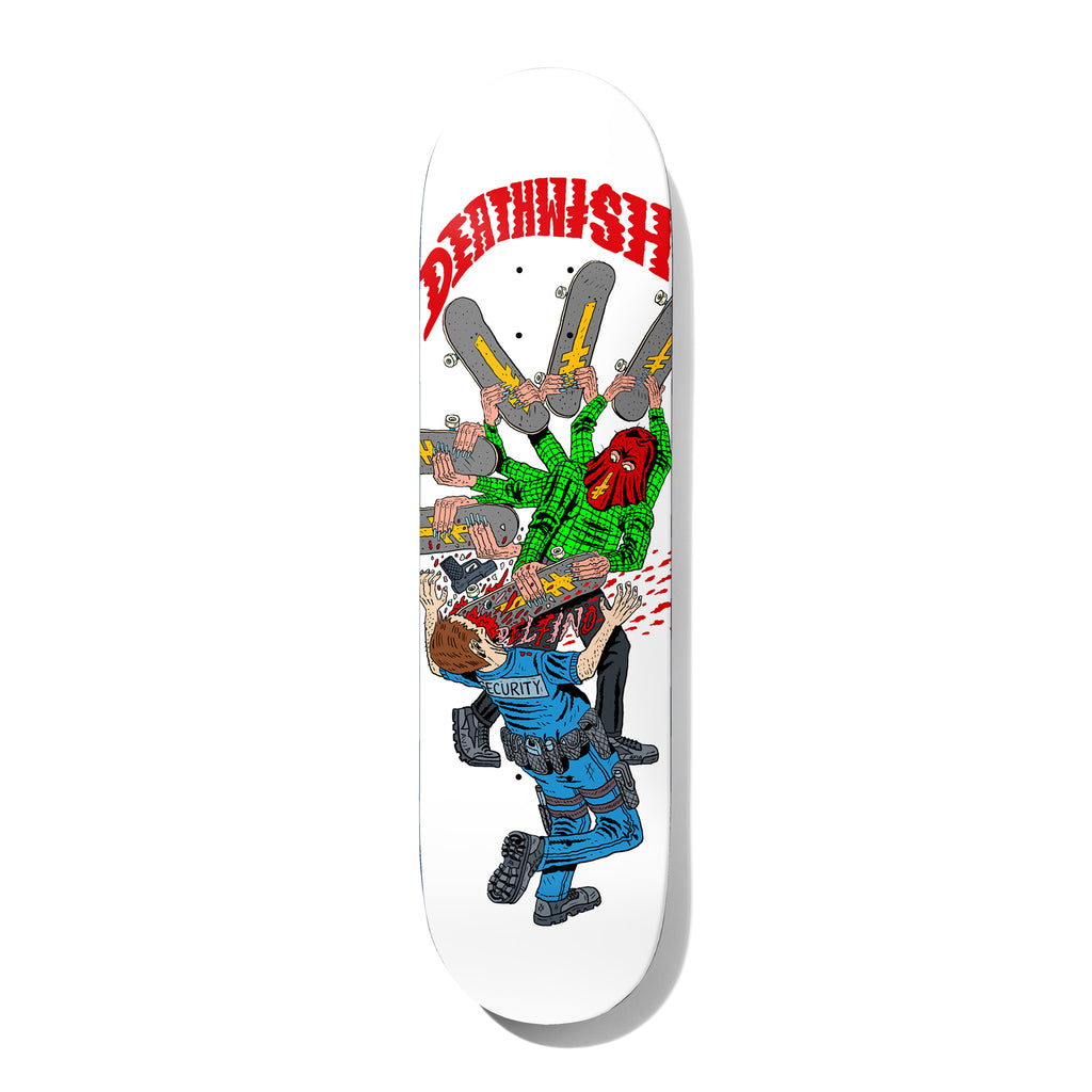 Deathwish Pedro NIGHTMARE CITY 8.38 skateboard deck: Cartoon of a masked man in a green plaid shirt and red balaclava swinging a bunch of skateboards at a security guard, blood spraying. DEATHWISH in red lettering at the nose on white.