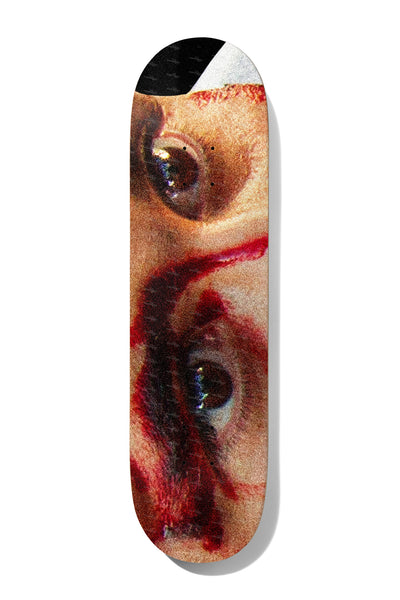 Deathwish Pedro Road To Nowhere 8.5 skateboard deck: An extreme close-up photograph of a face, showing two eyes with smeared red paint or blood across the skin. A black patch and a white area appear at the nose.