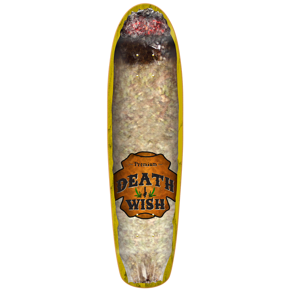 Deathwish Spliff Cruiser skateboard deck: Photographic image of a huge rolled joint, with a burning ash tip at the nose and a brown Premium Death Wish label with cannabis leaves near the tail. Cruiser shape with a yellow edge.