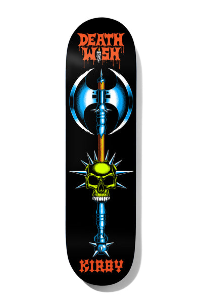 Deathwish TK Forgotten Relics 8.475 skateboard deck: Medieval double-headed battle axe on a spiked mace handle with a spiked yellow-green skull, drawn in metallic blue and orange on black. Dripping orange Deathwish logo at the top and rider name at the bottom.
