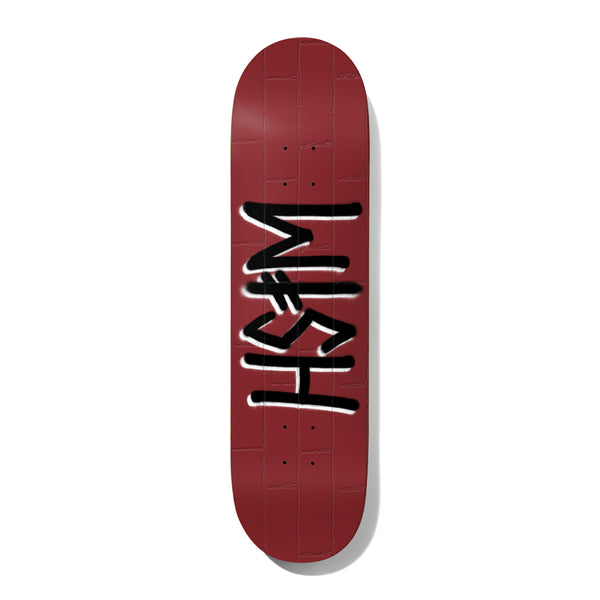Deathwish Wish Bricks 8.0 skateboard deck: Large black spray-painted Deathwish logo with white outline across a dark red brick-patterned deck, the lettering running along its length.