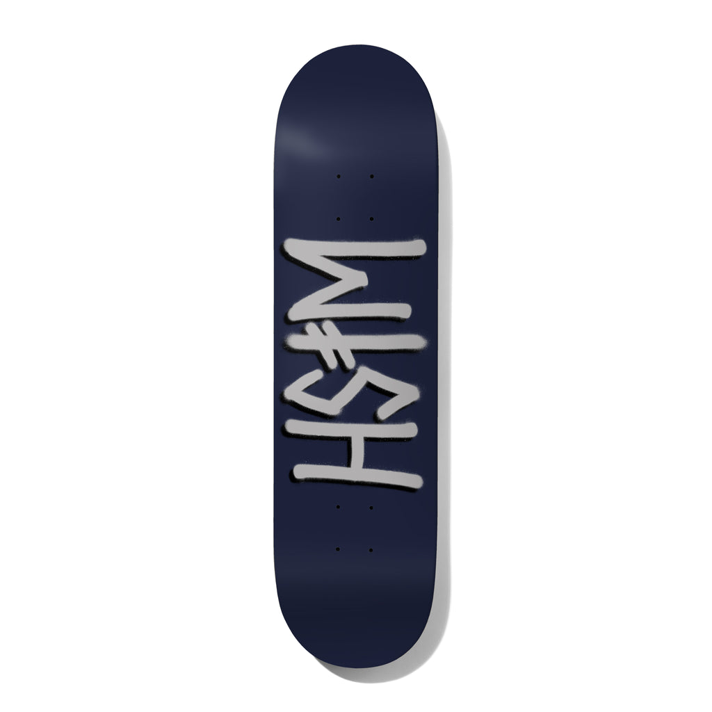 Deathwish Wish Navy / Silver 8.25 skateboard deck: Spray-painted silver-grey 'Wish' graffiti tag in the Deathwish handstyle, on a plain navy deck.
