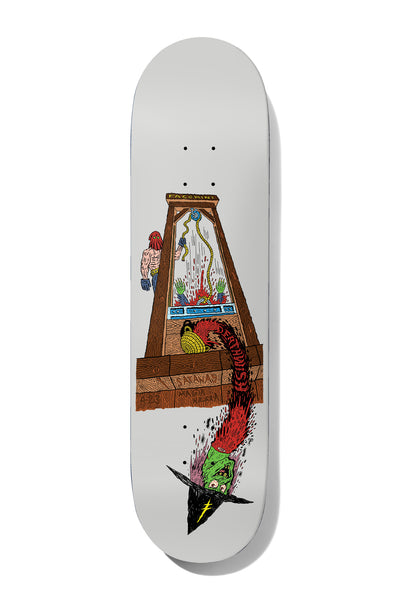 Deathwish Yuri Deathwitch Trials 8.125 skateboard deck: A hand-drawn comic-style scene on a grey-white deck: a guillotine with a hooded executioner, severed hands in a basket, and a long red-striped snake-like body ending in a green witch's head with a black pointed hat.