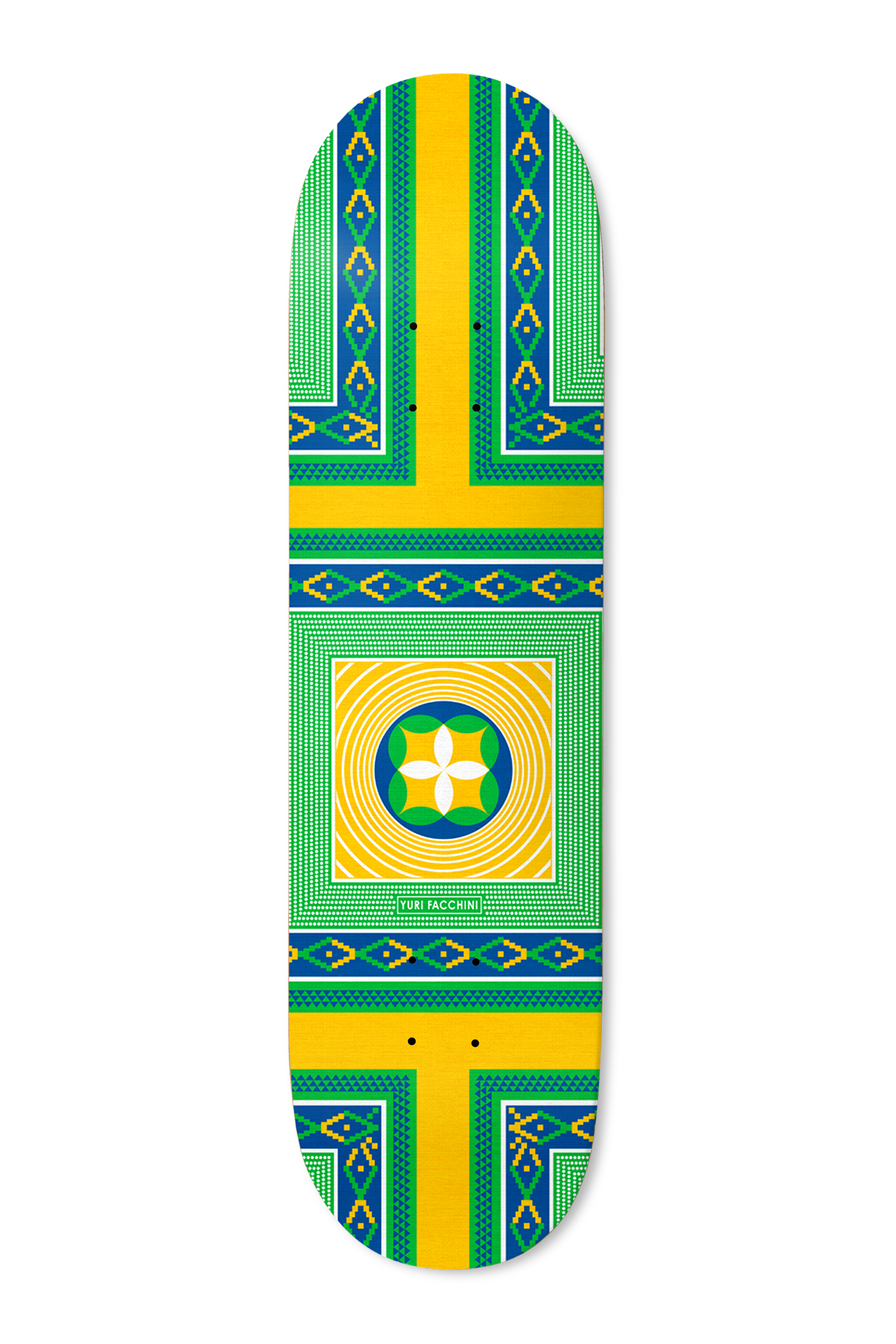 Deathwish Yuri Estilo 8.25 skateboard deck: A symmetrical geometric pattern of green, blue and yellow woven-style borders and a cross of yellow bands, with a circular floral emblem inside concentric squares at the centre.