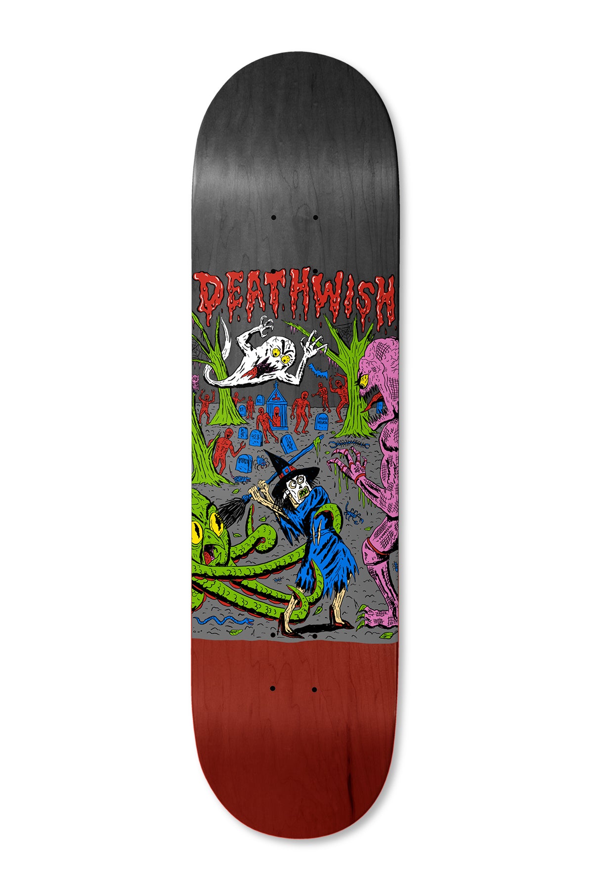 Deathwish Yuri Full Heat 8.5 skateboard deck: Cartoon horror scene in a graveyard: a skeletal witch in a blue robe swings a broom at a green tentacled monster, with a ghost above and a pink creature to the right. Dripping red Deathwish lettering at top.