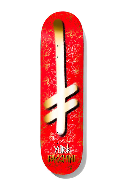 Deathwish Yuri Gang Logo Orchids 8.25 skateboard deck: Large gold spray-painted Gang Logo cross with a slashed lower bar, over a red deck patterned with fine gold and white line-drawn orchids. Rider name at the tail.