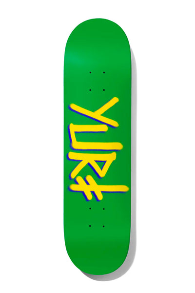 Deathwish Yuri Gang Name Green / Yellow 8.0 skateboard deck: Rider name spray-painted in a hand-drawn Gang Logo style, in yellow with a blue shadow on a plain green deck. The last letter is the Deathwish slashed cross.
