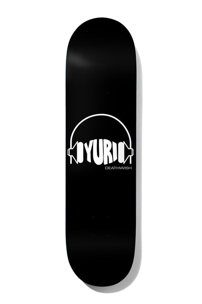Deathwish Yuri Loud 8.475 skateboard deck: White headphones outline with the name YURI forming the ear cups, on a plain black deck, with small Deathwish text underneath.