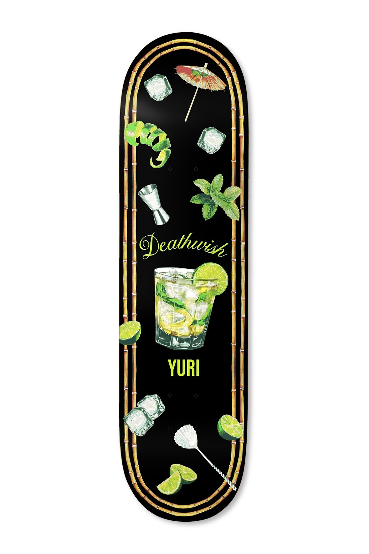 Deathwish Yuri Remedy 8.475 skateboard deck: Realistic mojito cocktail with lime, mint, ice cubes, jigger, bar spoon and paper umbrella arranged on black inside a bamboo-framed border. Deathwish in lime script and YURI below the glass.