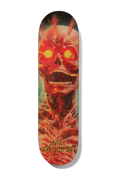 Deathwish Yuri Skull 8.25 skateboard deck: Painted horror illustration of a red, fleshy skull with glowing yellow eyes and an open screaming mouth, with sinewy tissue below and the rider's name in gold lettering at the tail.