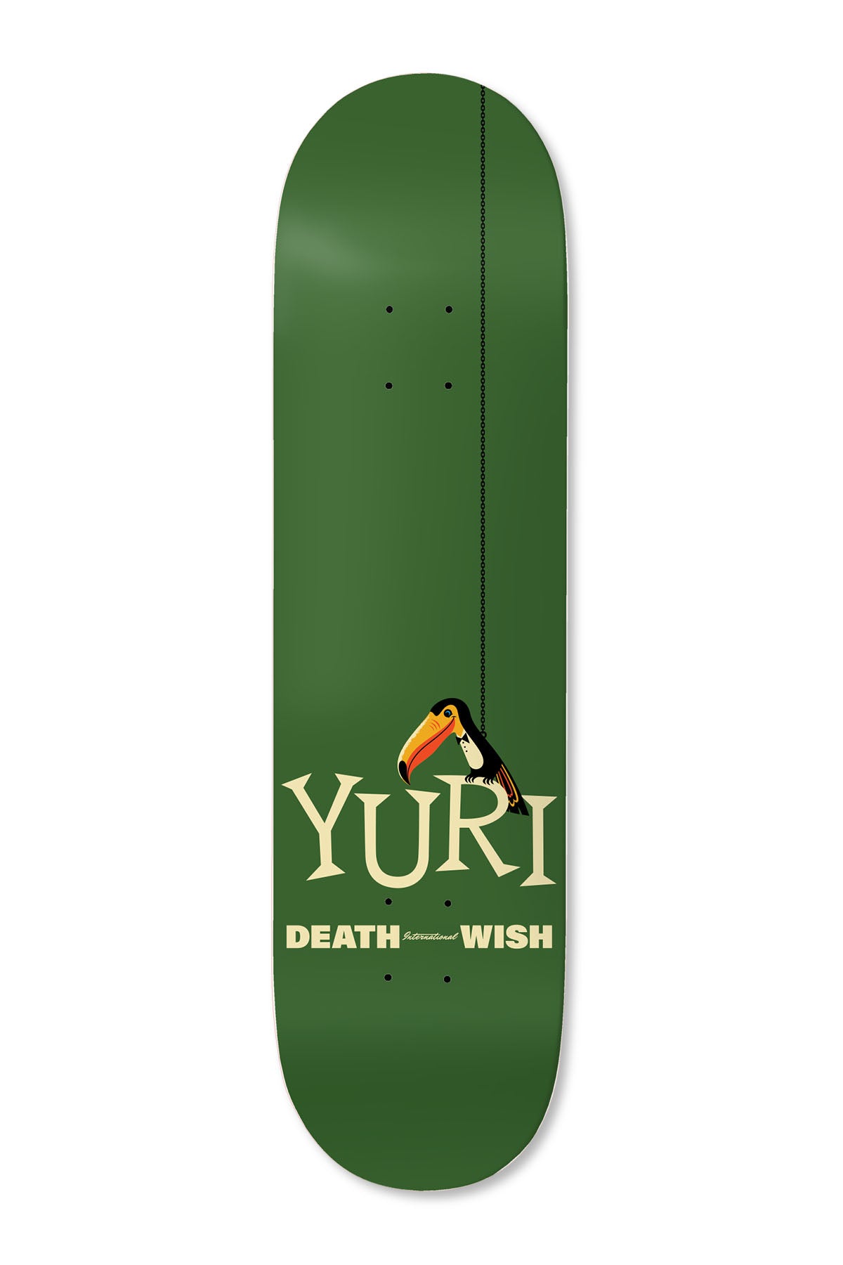 Deathwish Yuri Tropipop 8.25 skateboard deck: Toucan perched on a hanging line above large cream serif lettering reading Yuri, with Deathwish International beneath, on a dark green deck.